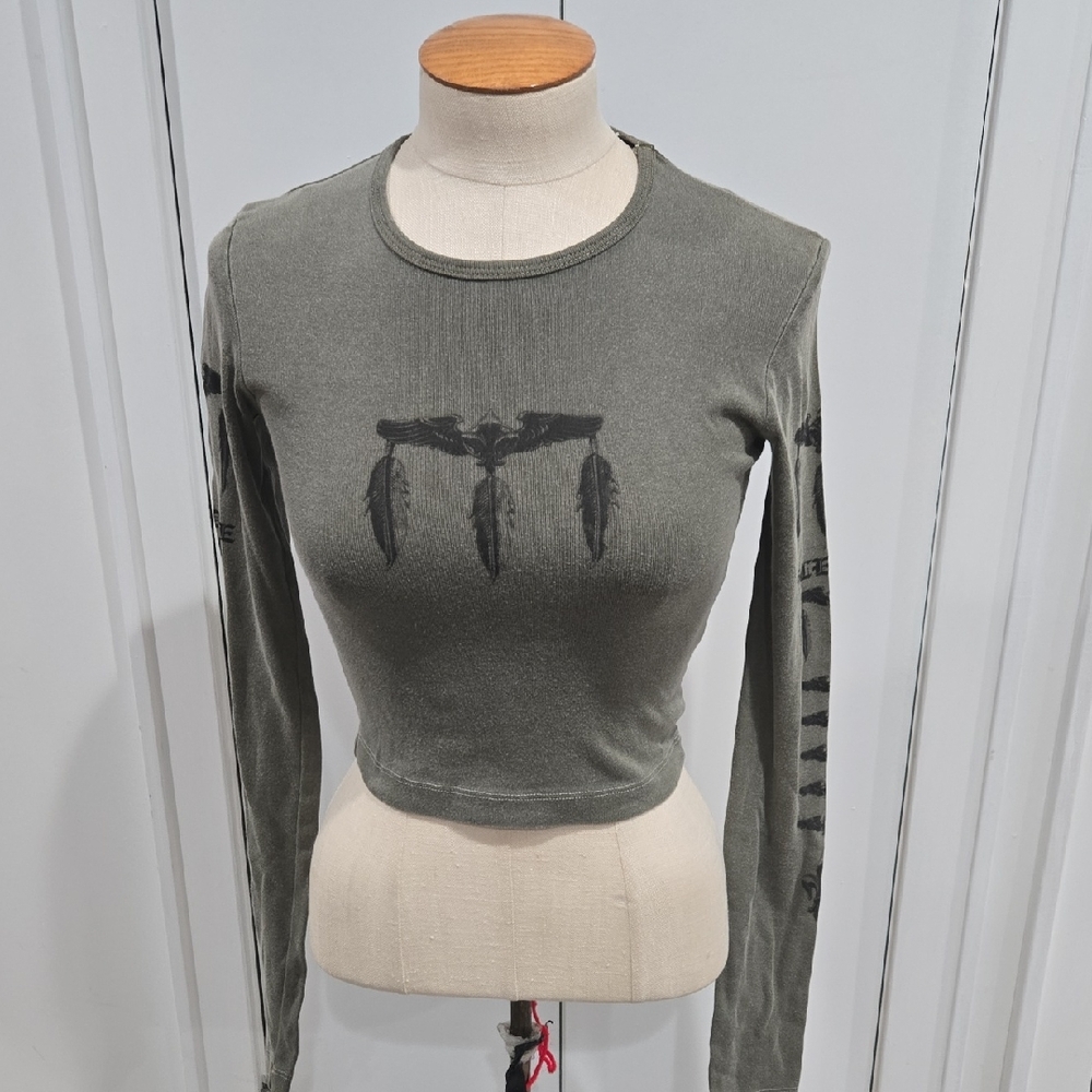 Sledge Vintage Y2K Olive Feather Graphic Crop Top S